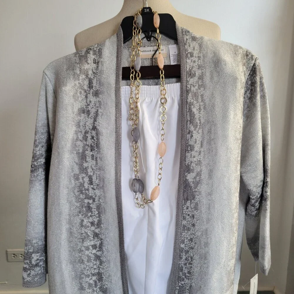Alfred Dunner Silver Sequin Open-Front Cardigan Sweater & Matching Top (S: 1X)